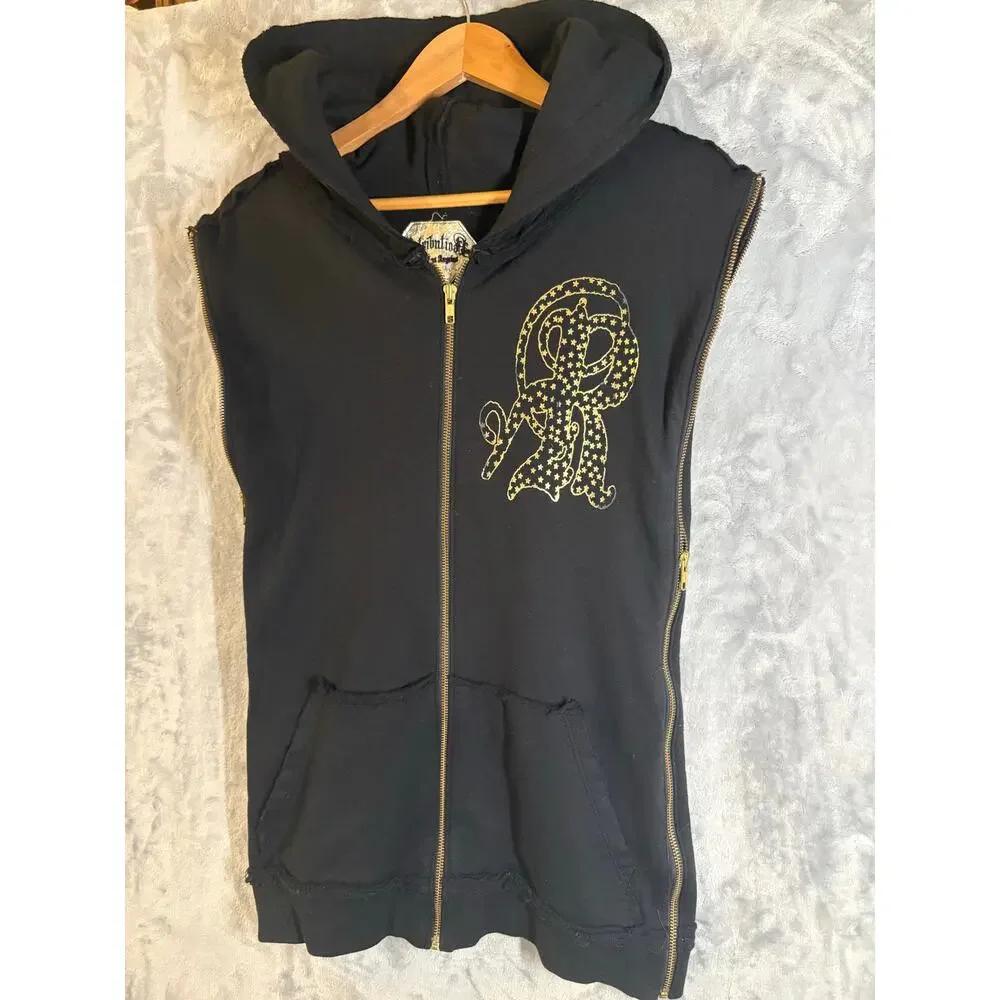 Vintage Y2K Men's Retribution Sleeveless‎ Full Zip Hoodie M Gold Rocker Glam